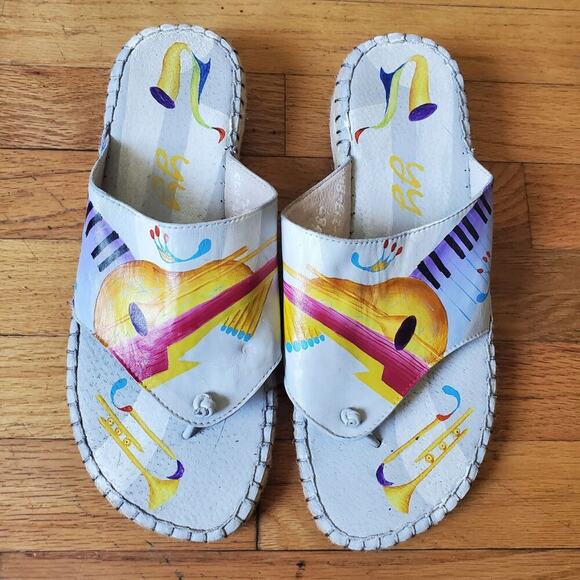 Hand Painted Leather Slide On Espadrille Sandals Music Piano Art to Wear - Picture 1 of 12